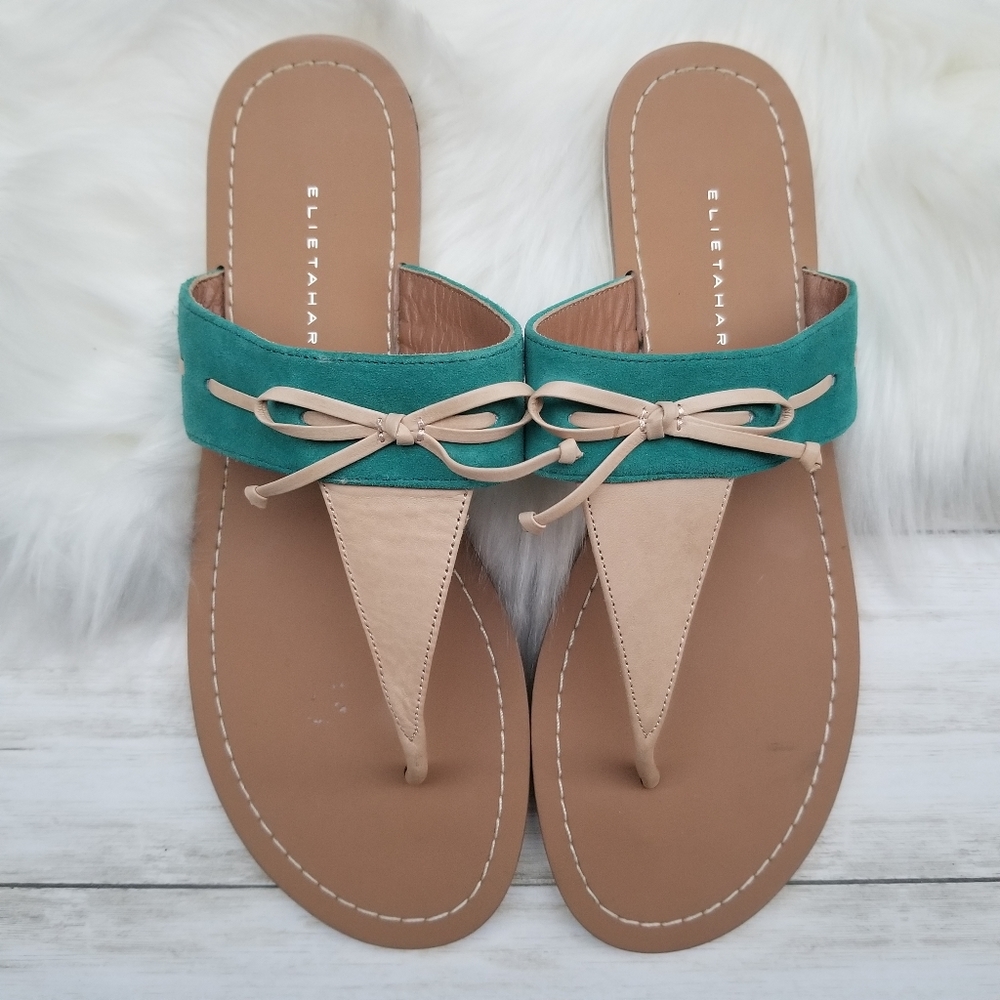 Elie Tahari Nala Teal Suede Leather Thong Sandals Slip On Bow Women's 40 US 10
